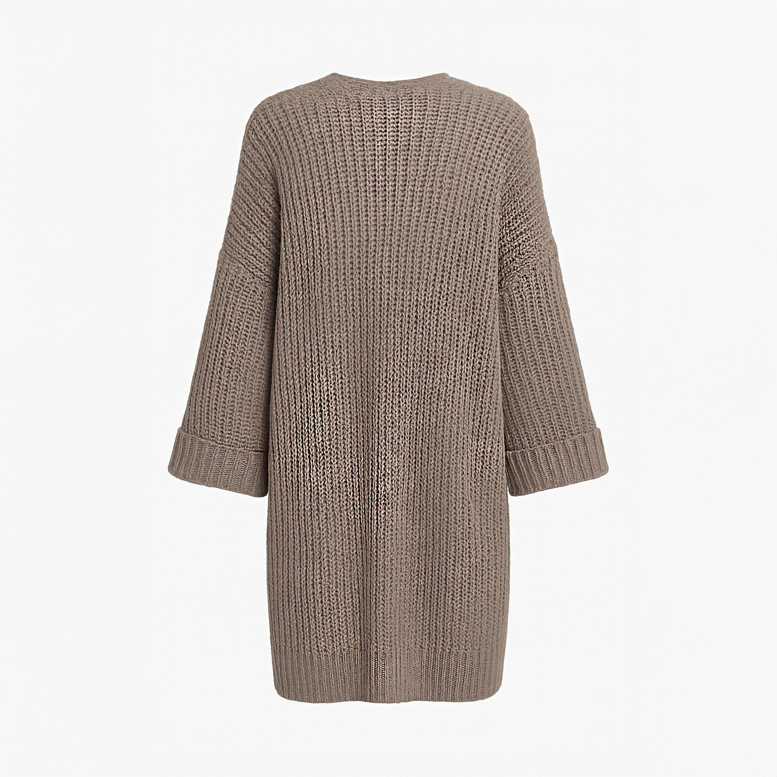 Oversized beige chunky knit cardigan with open front and large pockets for women
