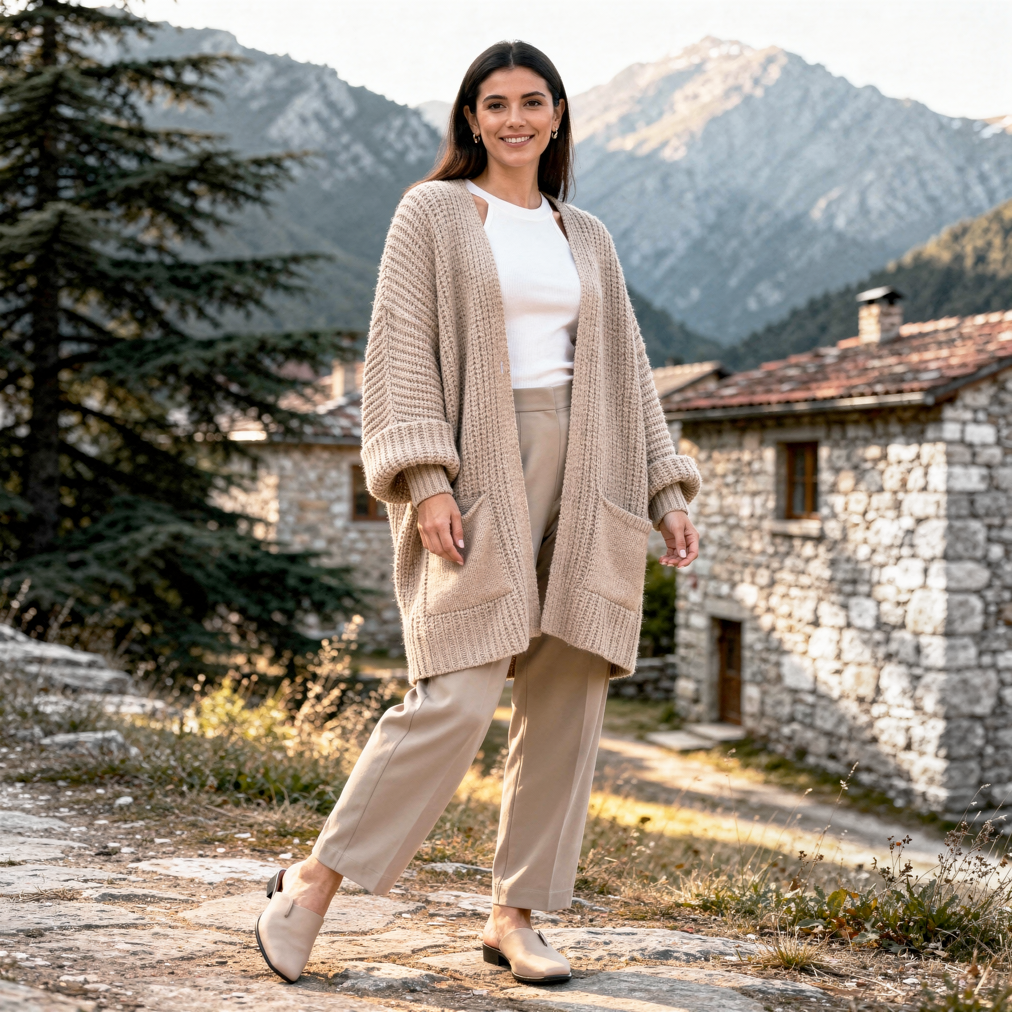 Oversized beige chunky knit cardigan with open front and large pockets for women
