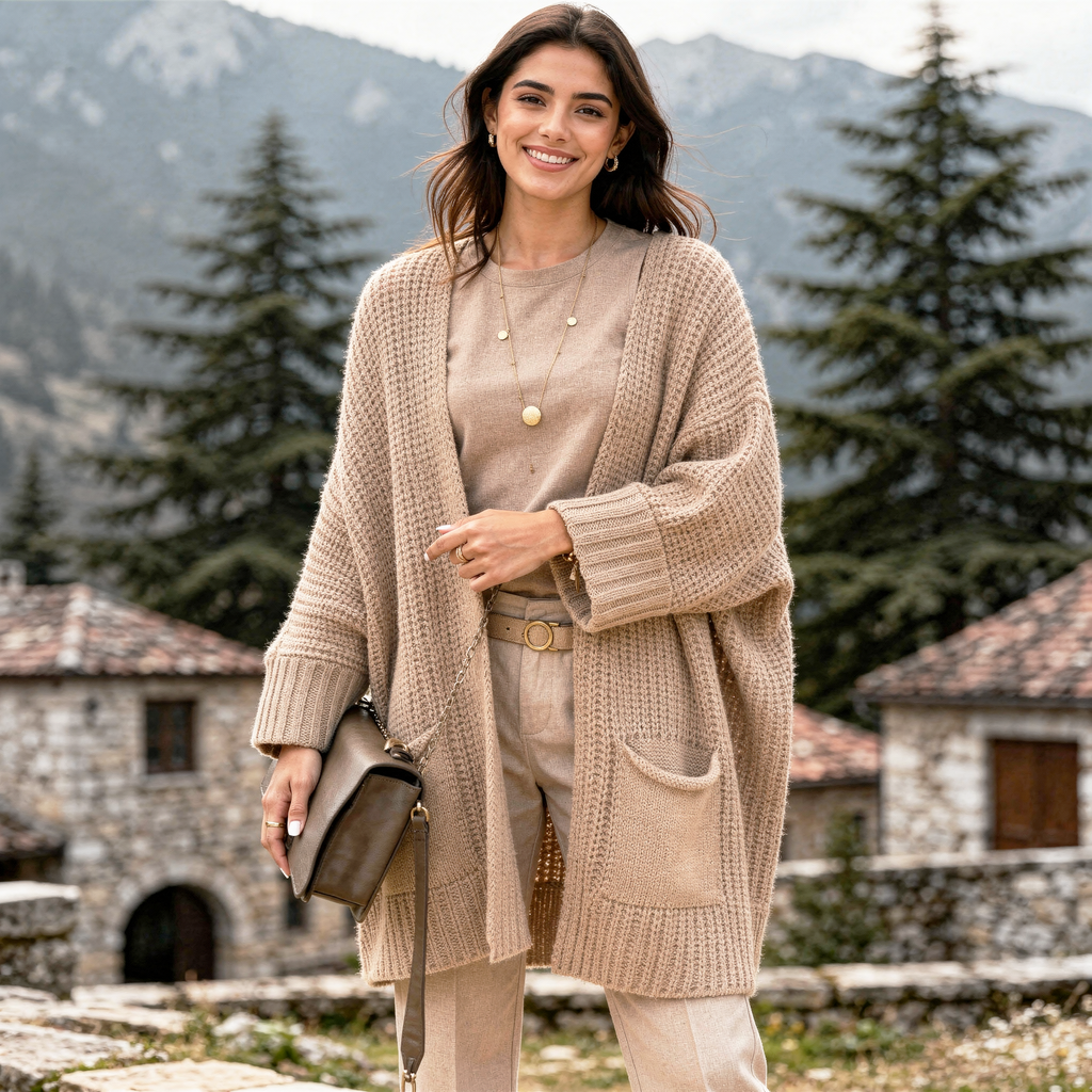 Oversized beige chunky knit cardigan with open front and large pockets for women
