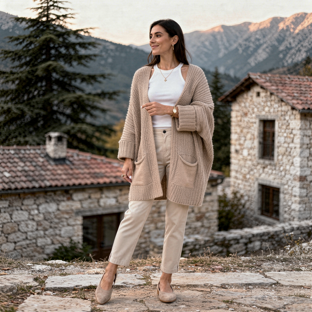 Oversized beige chunky knit cardigan with open front and large pockets for women
