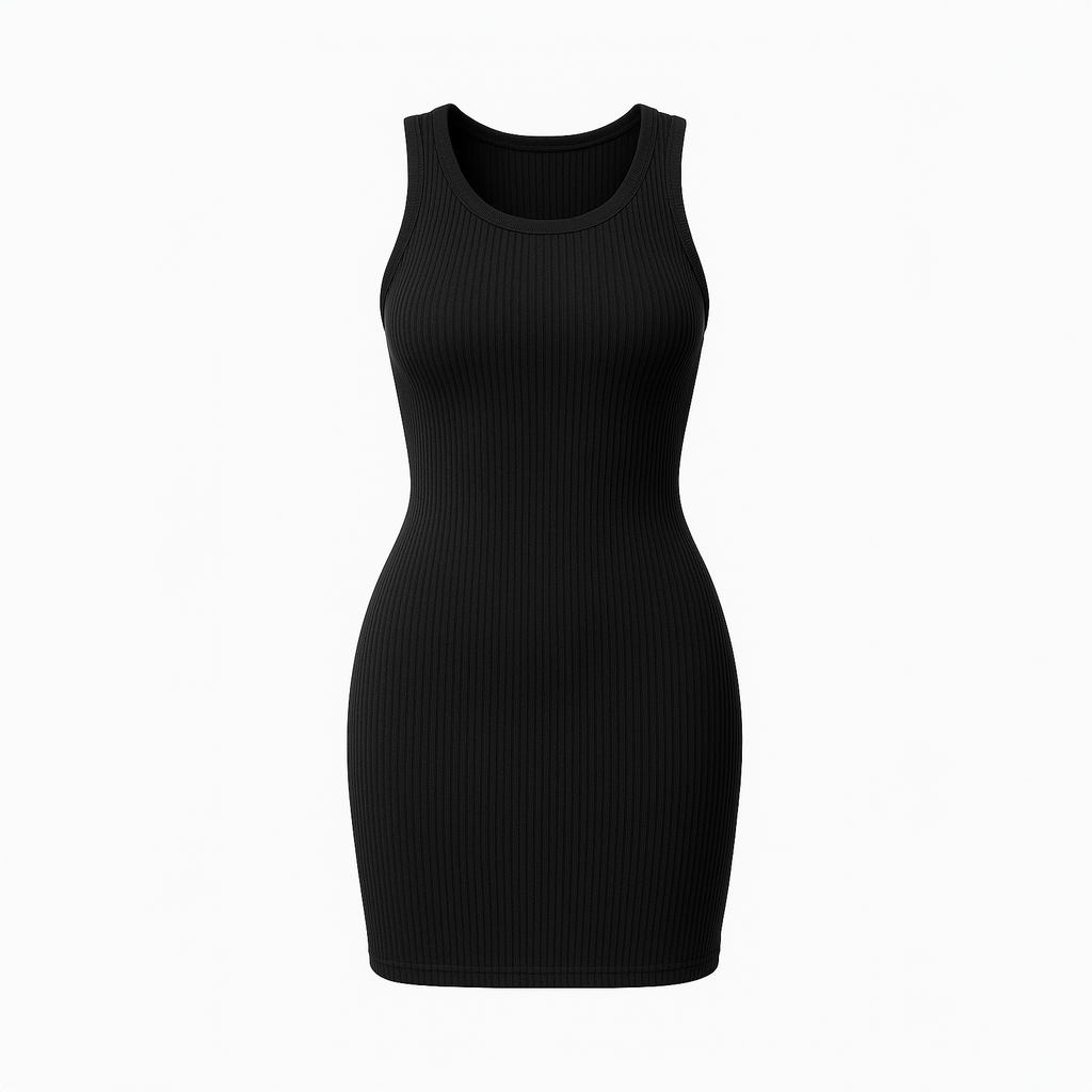 Taupe ribbed knit midi dress for women with sleeveless design and side slit
