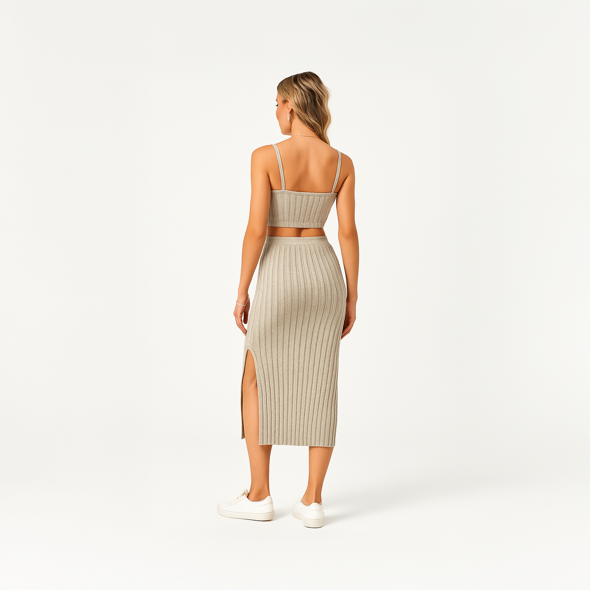 Taupe ribbed knit two piece set for women with sleeveless crop top and high-slit midi skirt
