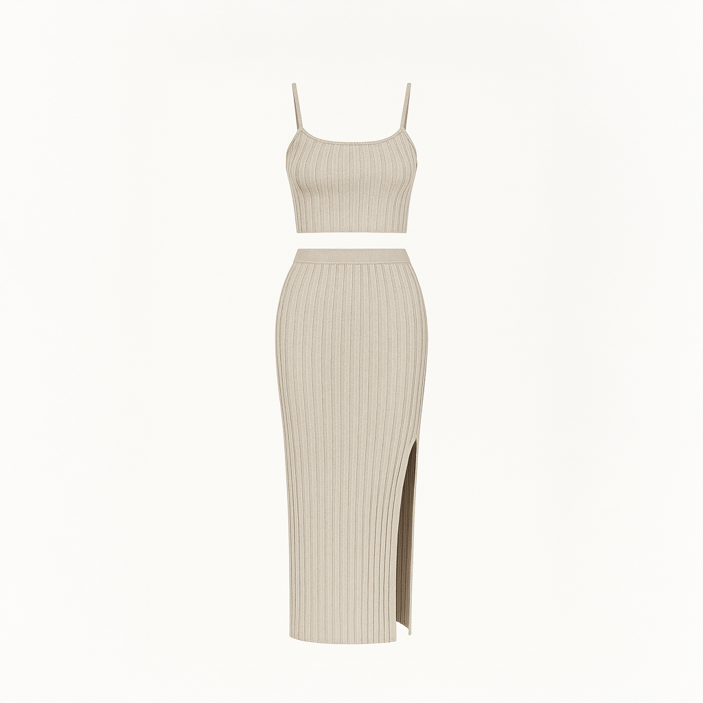Taupe ribbed knit two piece set for women with sleeveless crop top and high-slit midi skirt
