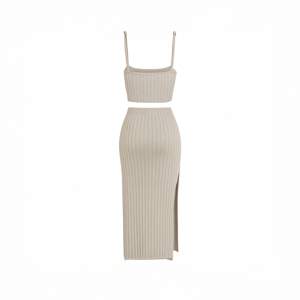 Taupe ribbed knit two piece set for women with sleeveless crop top and high-slit midi skirt
