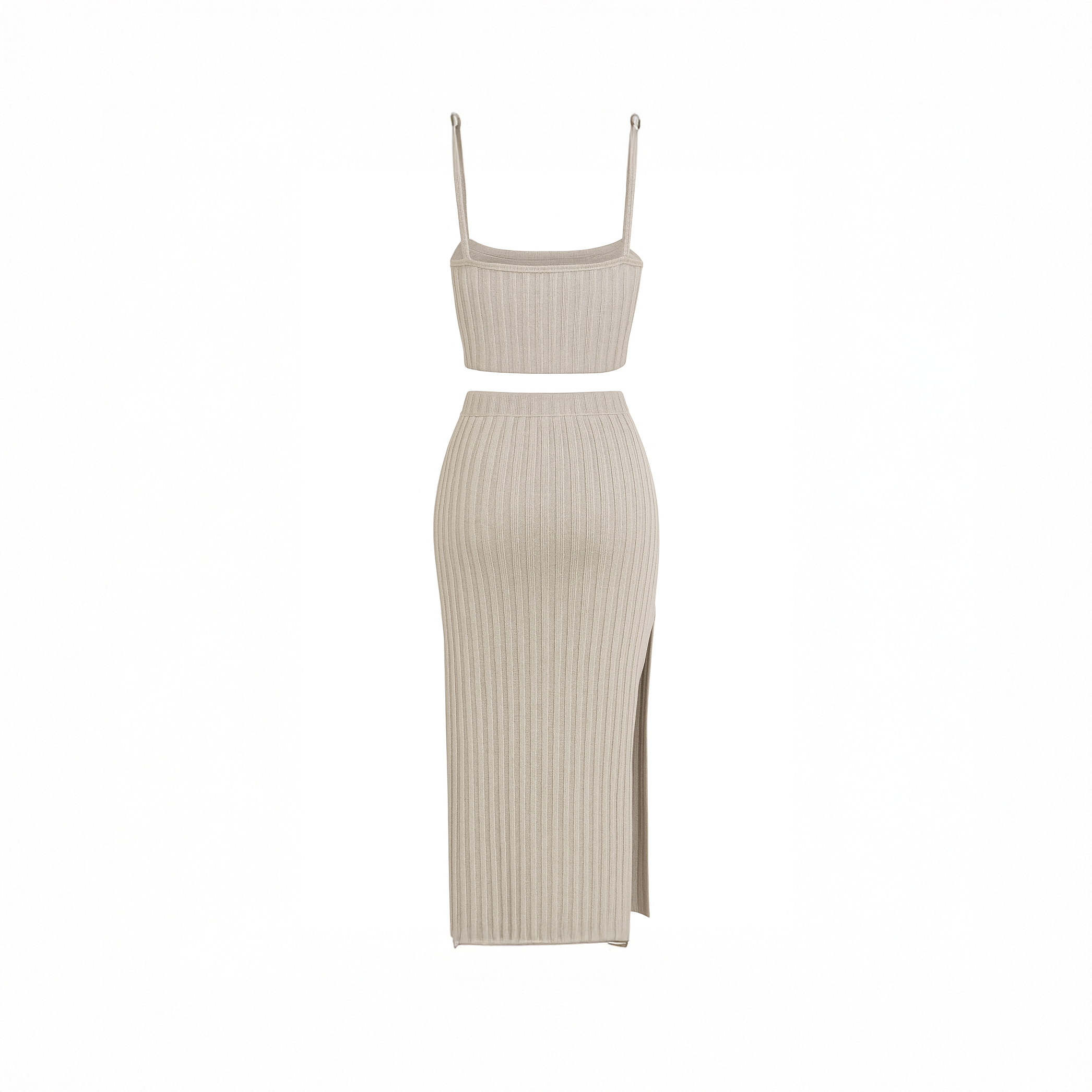 Taupe ribbed knit two piece set for women with sleeveless crop top and high-slit midi skirt
