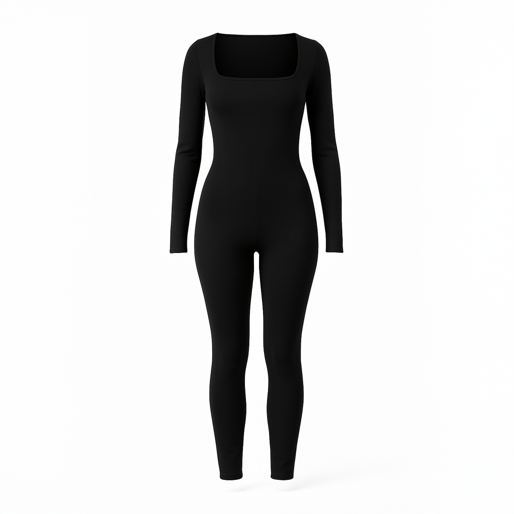 Sleek black long-sleeve performance suit for women, featuring a front zip and a sculpted, second-skin fit, photographed on an old street in Zahle.
