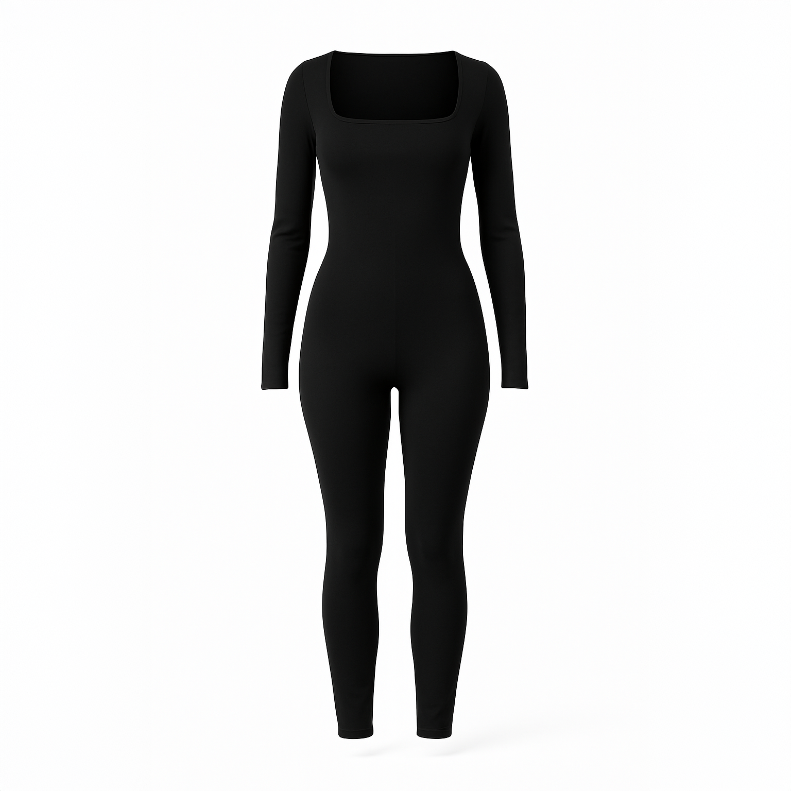 Sleek black long-sleeve performance suit for women, featuring a front zip and a sculpted, second-skin fit, photographed on an old street in Zahle.
