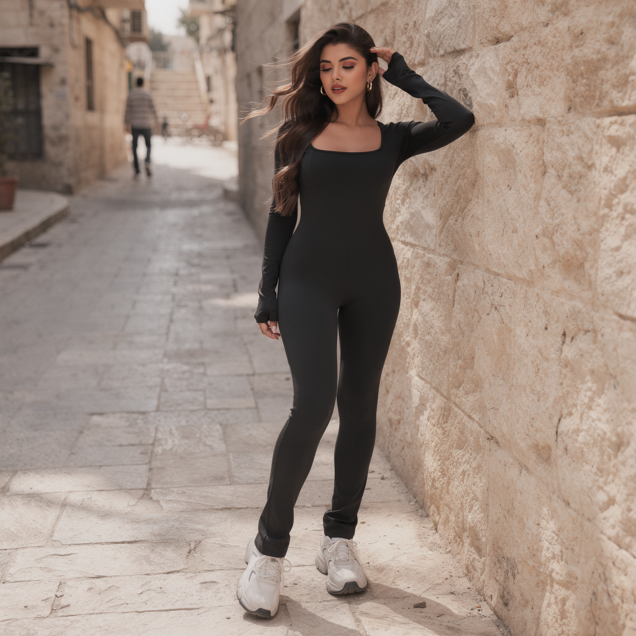 Sleek black long-sleeve performance suit for women, featuring a front zip and a sculpted, second-skin fit, photographed on an old street in Zahle.
