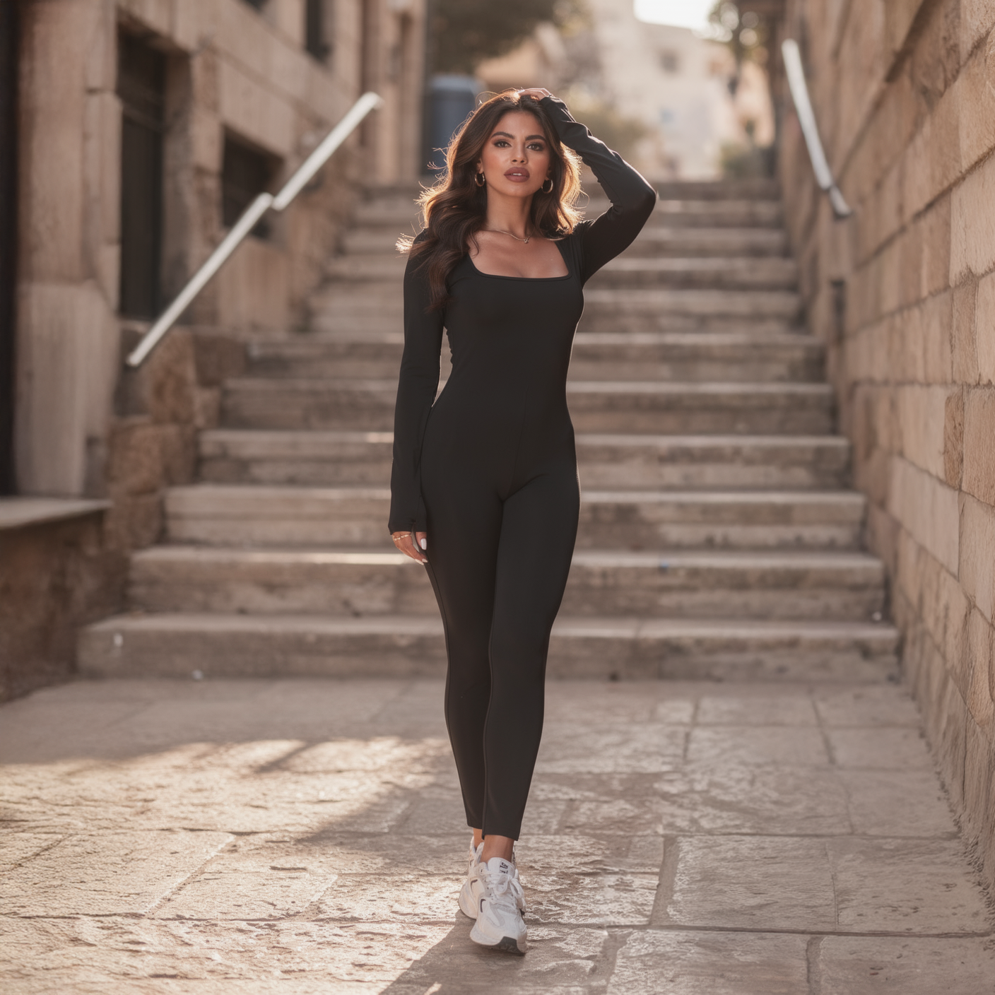 Sleek black long-sleeve performance suit for women, featuring a front zip and a sculpted, second-skin fit, photographed on an old street in Zahle.

