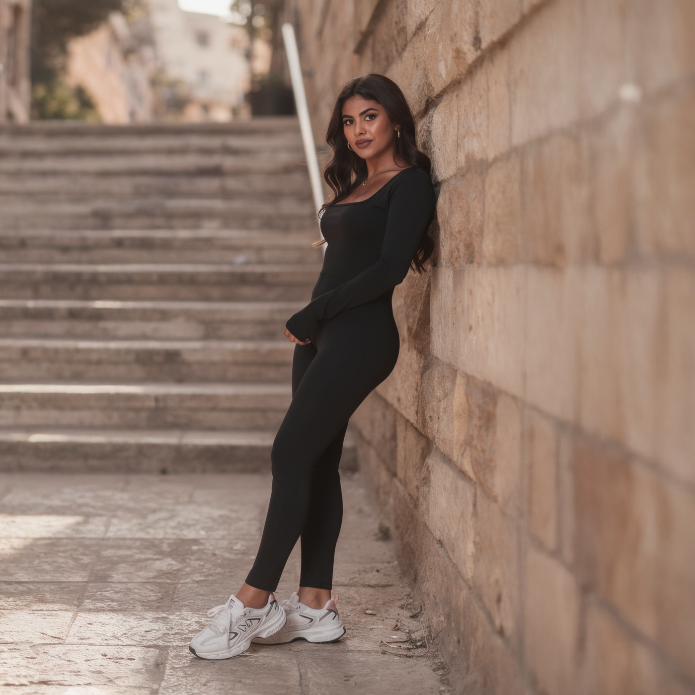 Sleek black long-sleeve performance suit for women, featuring a front zip and a sculpted, second-skin fit, photographed on an old street in Zahle.
