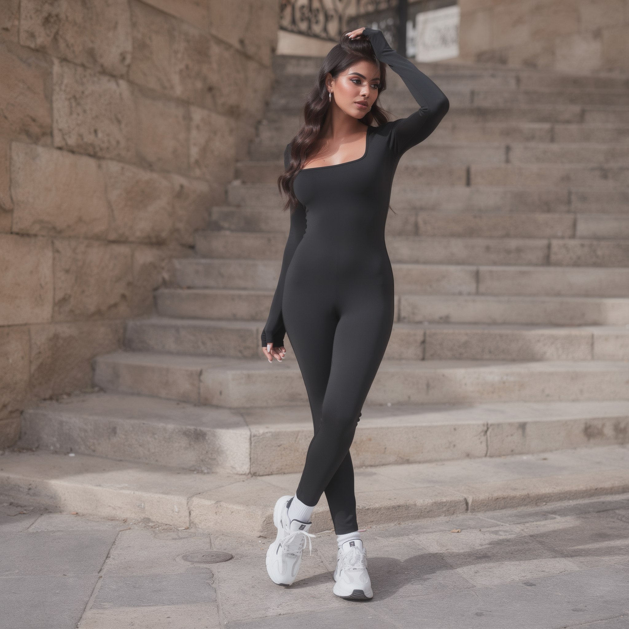 Sleek black long-sleeve performance suit for women, featuring a front zip and a sculpted, second-skin fit, photographed on an old street in Zahle.

