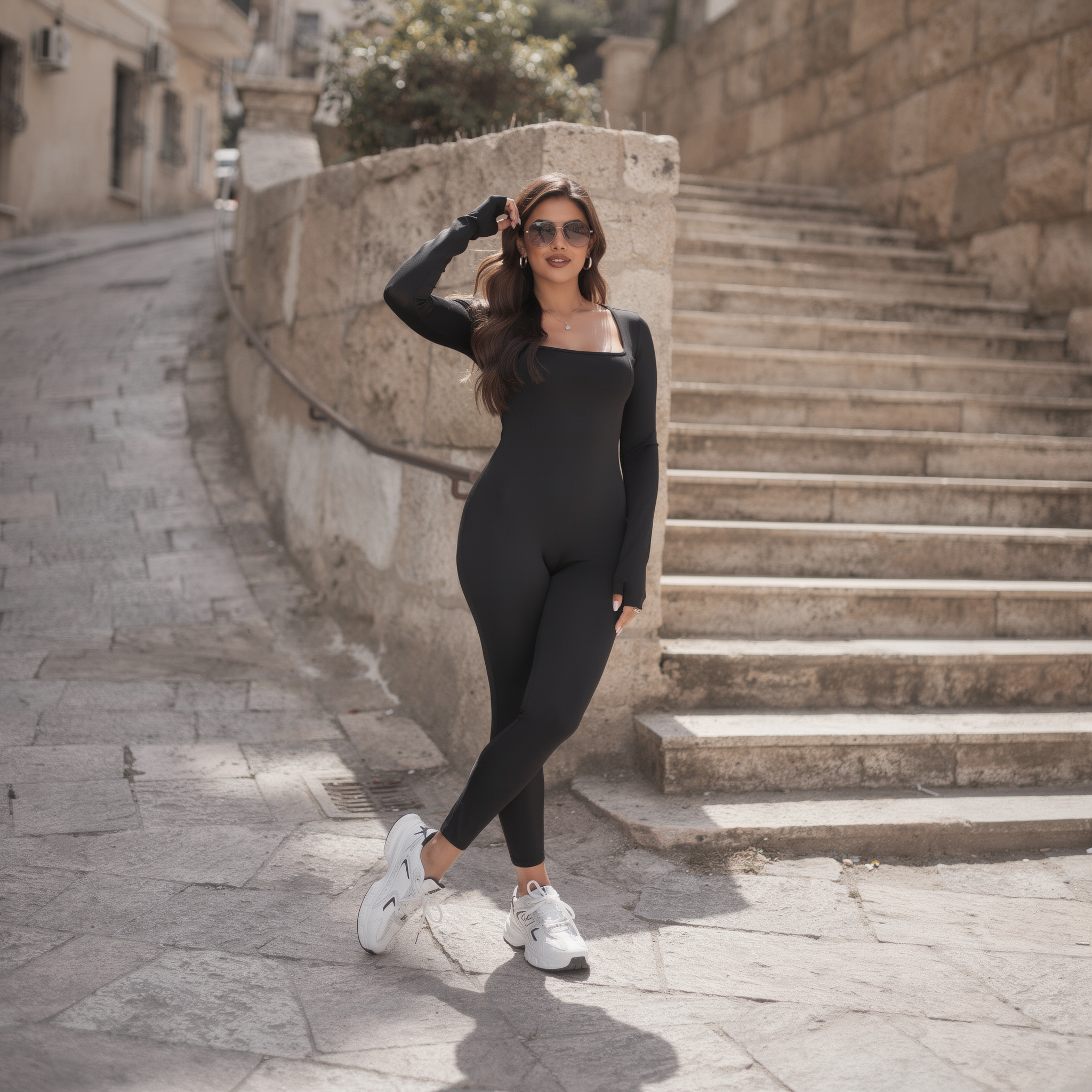 Sleek black long-sleeve performance suit for women, featuring a front zip and a sculpted, second-skin fit, photographed on an old street in Zahle.
