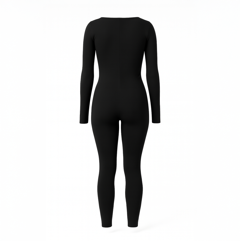 Sleek black long-sleeve performance suit for women, featuring a front zip and a sculpted, second-skin fit, photographed on an old street in Zahle.
