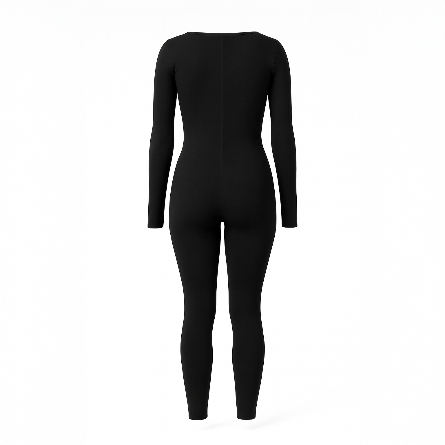 Sleek black long-sleeve performance suit for women, featuring a front zip and a sculpted, second-skin fit, photographed on an old street in Zahle.

