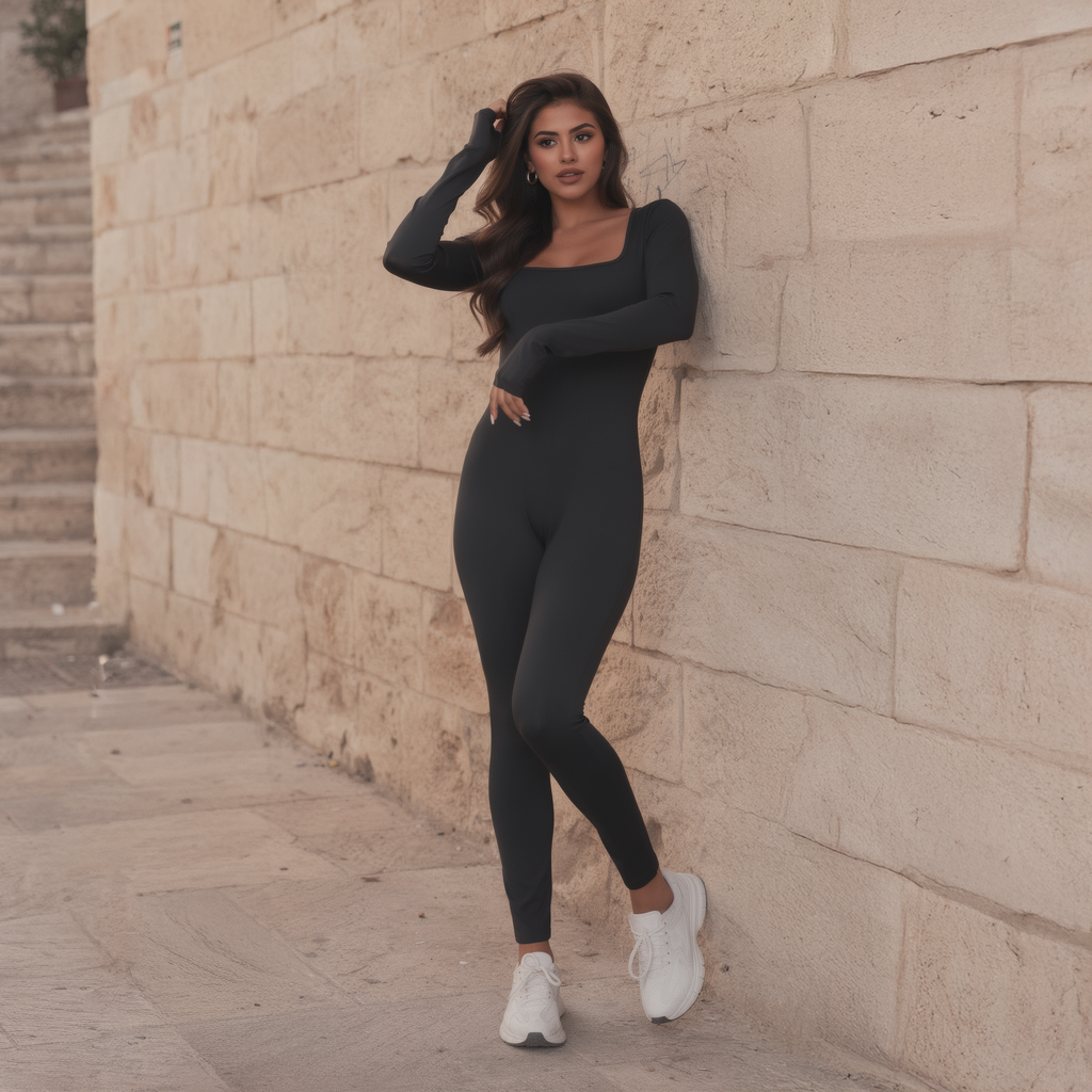 Sleek black long-sleeve performance suit for women, featuring a front zip and a sculpted, second-skin fit, photographed on an old street in Zahle.
