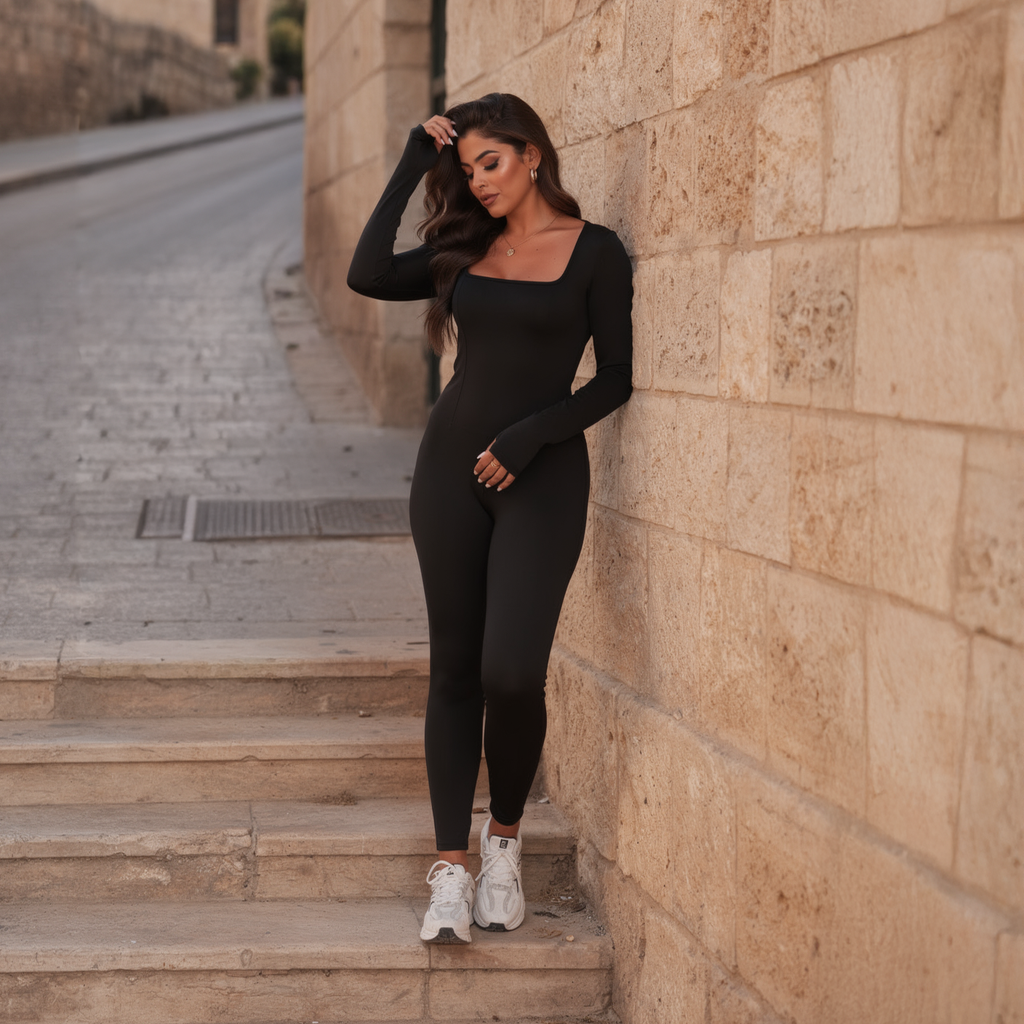 Sleek black long-sleeve performance suit for women, featuring a front zip and a sculpted, second-skin fit, photographed on an old street in Zahle.
