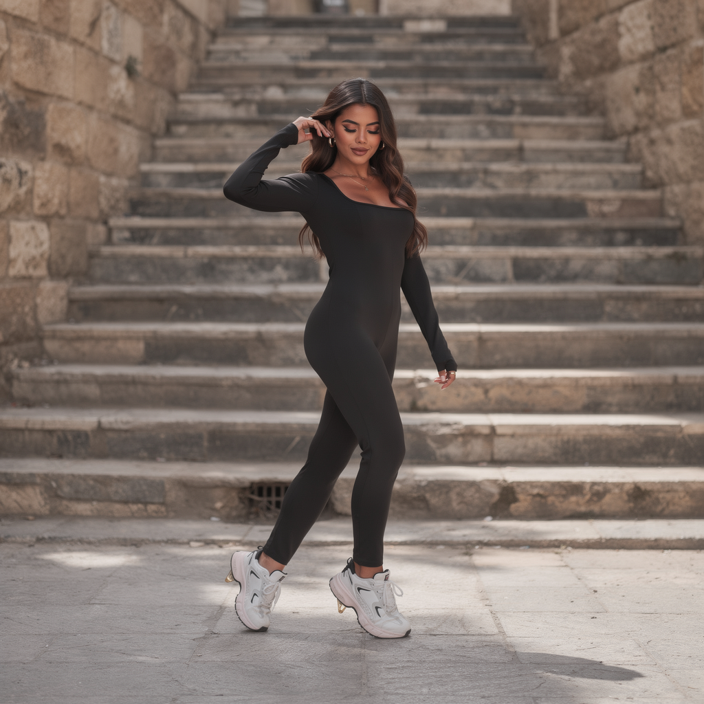 Sleek black long-sleeve performance suit for women, featuring a front zip and a sculpted, second-skin fit, photographed on an old street in Zahle.
