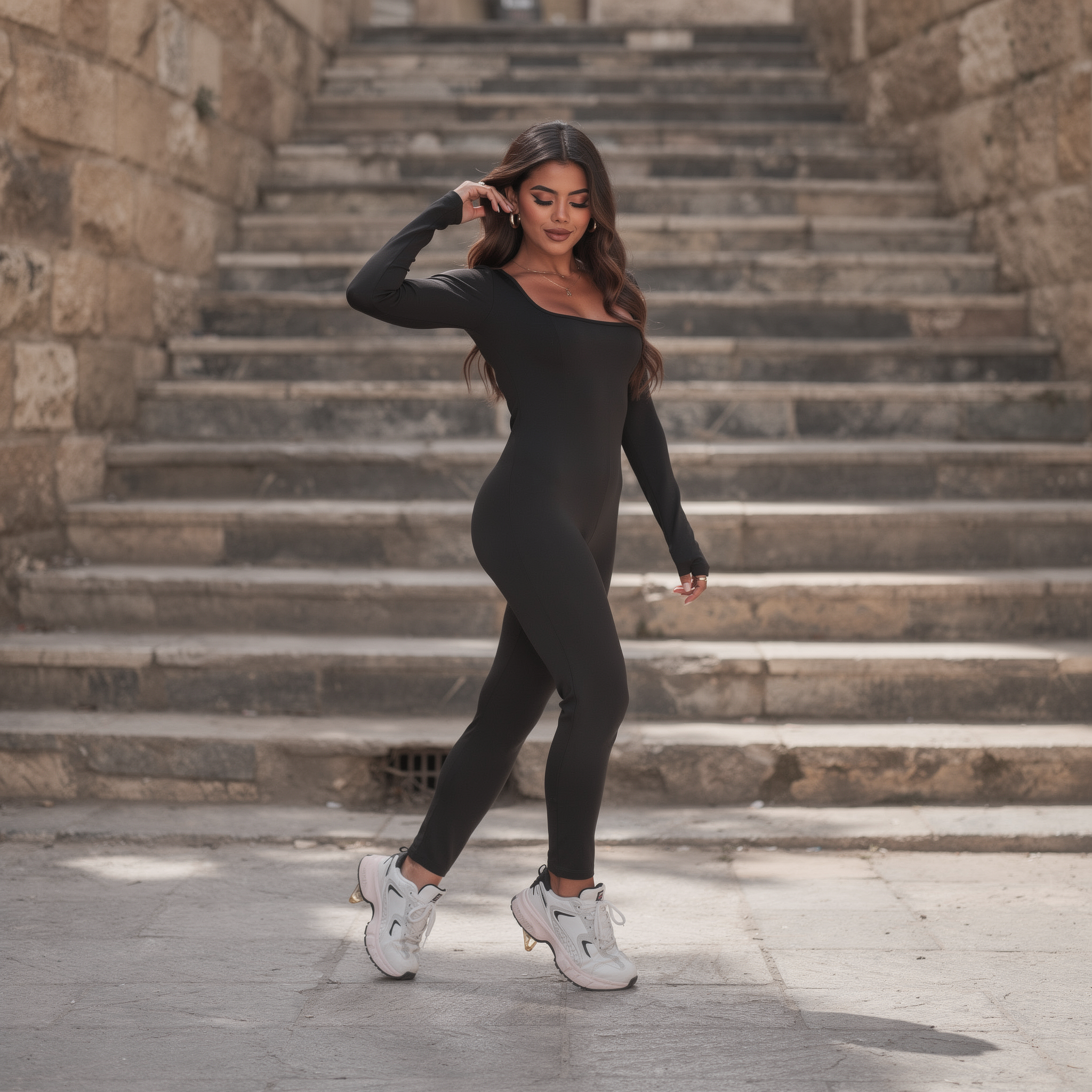 Sleek black long-sleeve performance suit for women, featuring a front zip and a sculpted, second-skin fit, photographed on an old street in Zahle.
