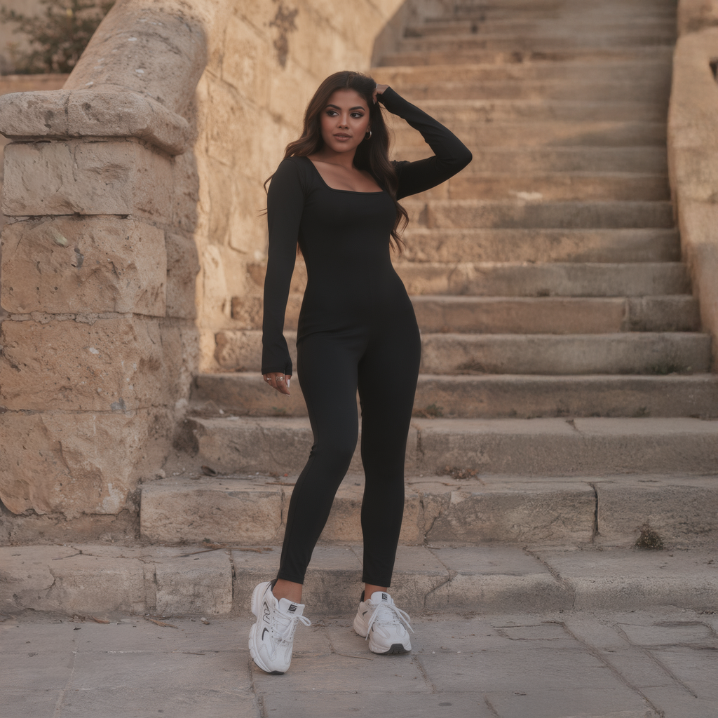 Sleek black long-sleeve performance suit for women, featuring a front zip and a sculpted, second-skin fit, photographed on an old street in Zahle.
