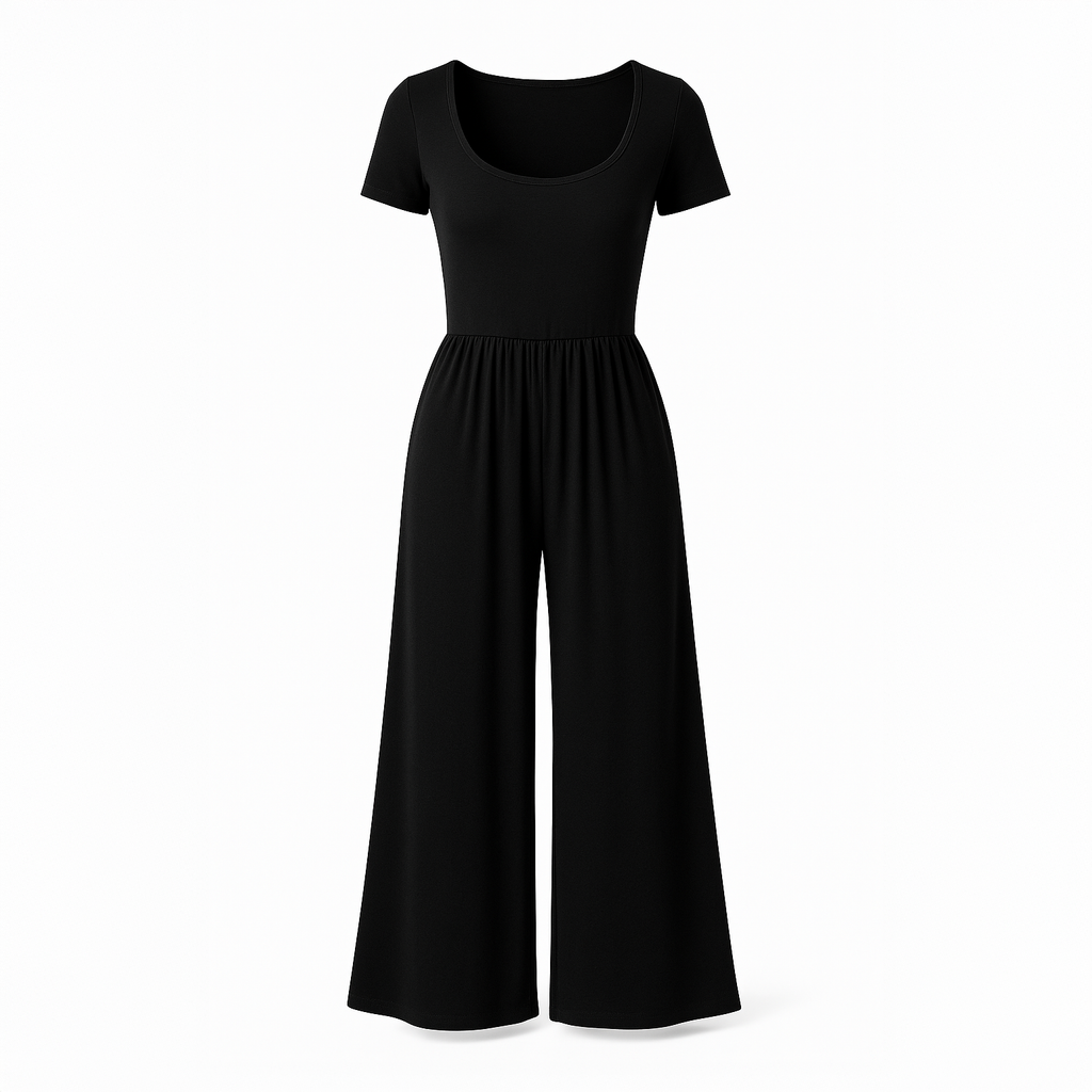Tailored black wide-leg jumpsuit for women with a flattering V-neckline and defined waist, photographed in a clean studio setting.
