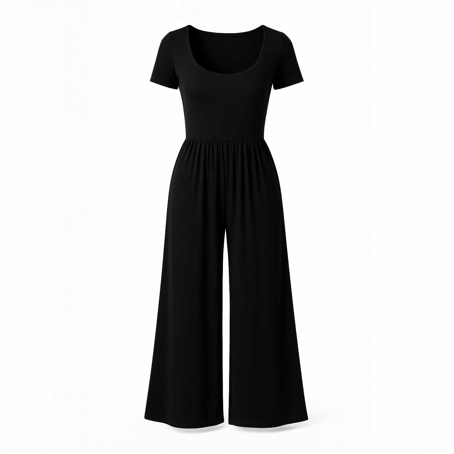 Tailored black wide-leg jumpsuit for women with a flattering V-neckline and defined waist, photographed in a clean studio setting.
