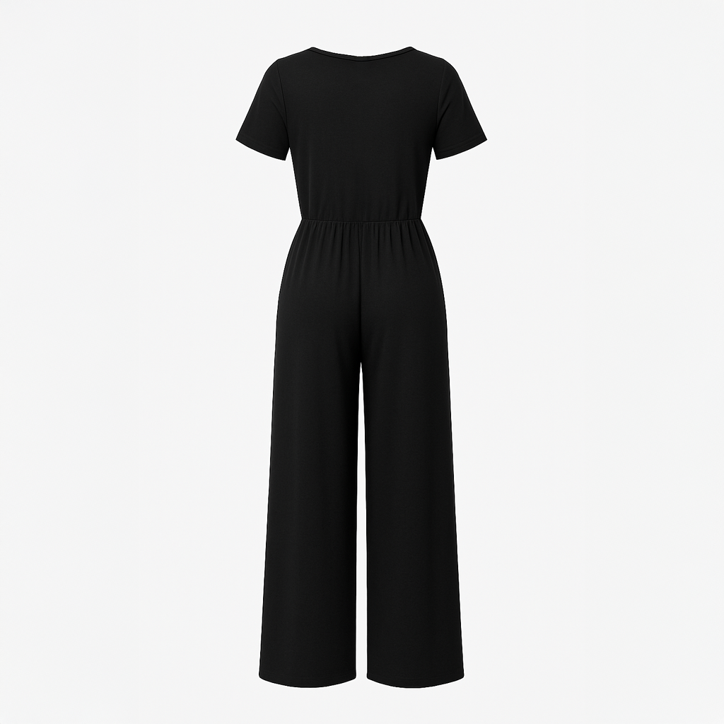 Tailored black wide-leg jumpsuit for women with a flattering V-neckline and defined waist, photographed in a clean studio setting.
