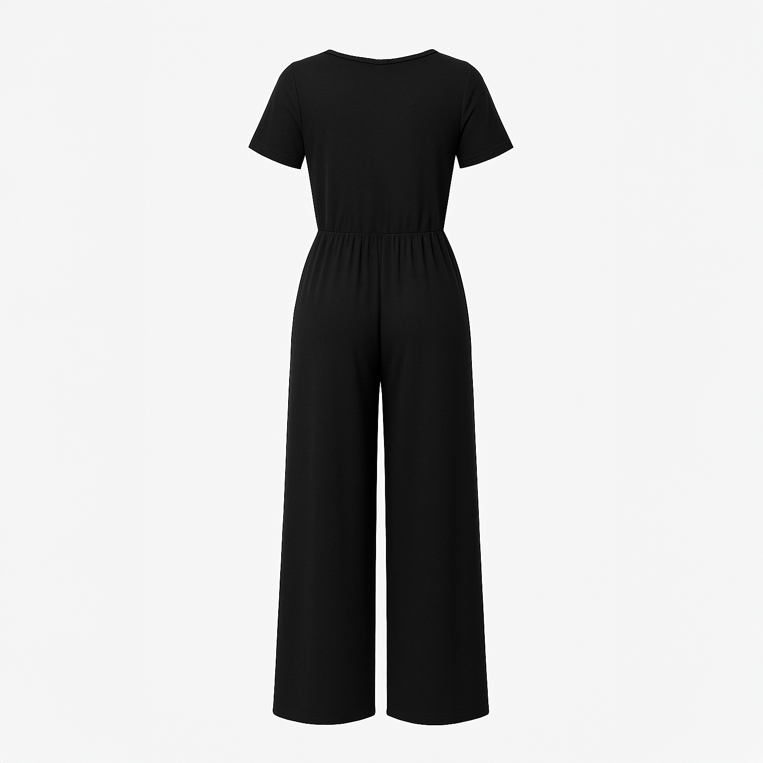 Tailored black wide-leg jumpsuit for women with a flattering V-neckline and defined waist, photographed in a clean studio setting.
