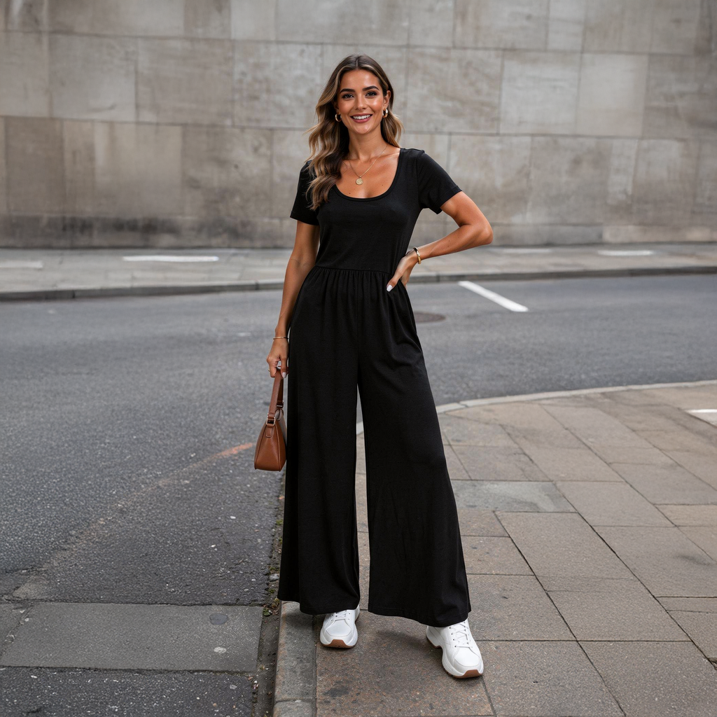 Tailored black wide-leg jumpsuit for women with a flattering V-neckline and defined waist, photographed in a clean studio setting.
