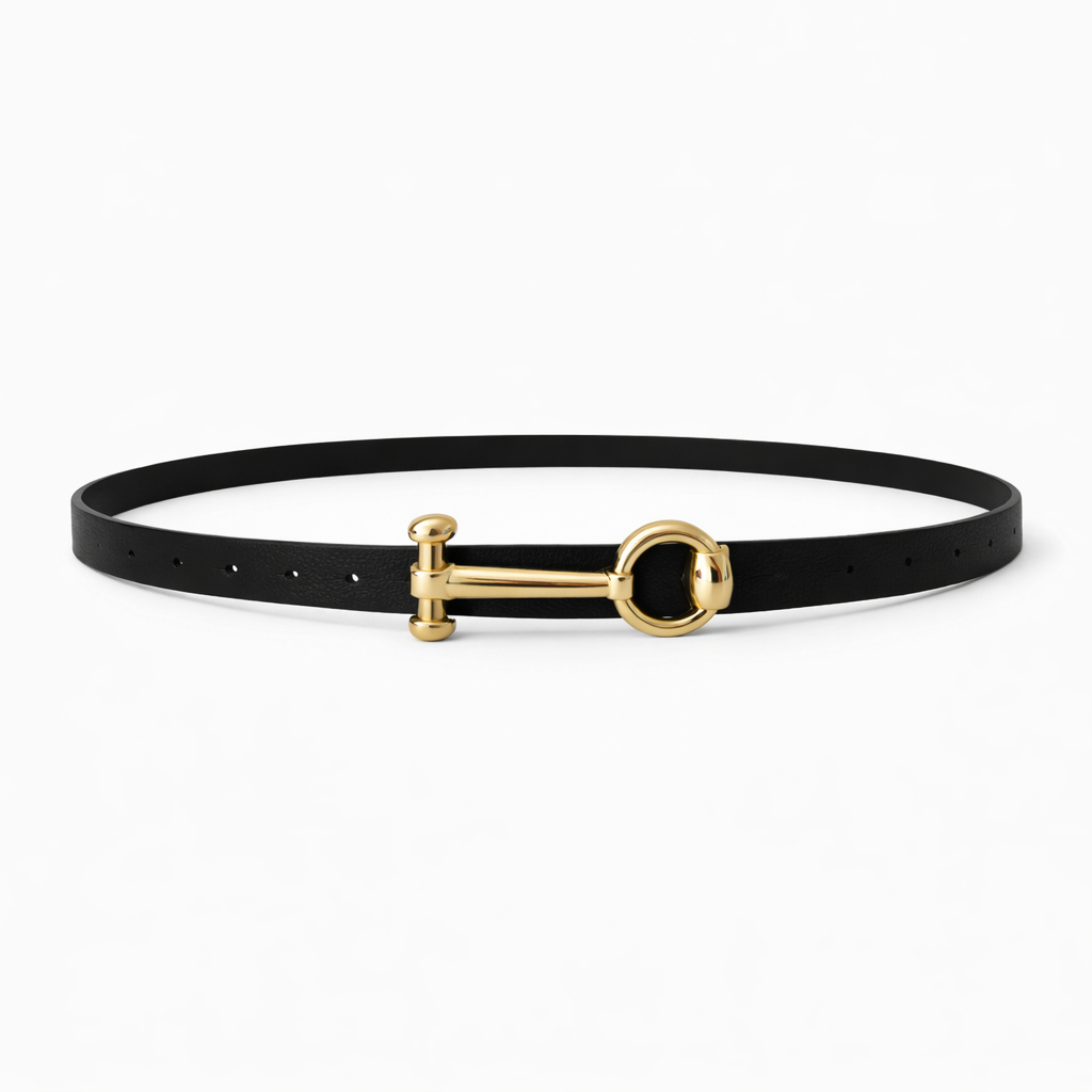 Women’s Black Slim Belt with Gold Bar & Ring Buckle