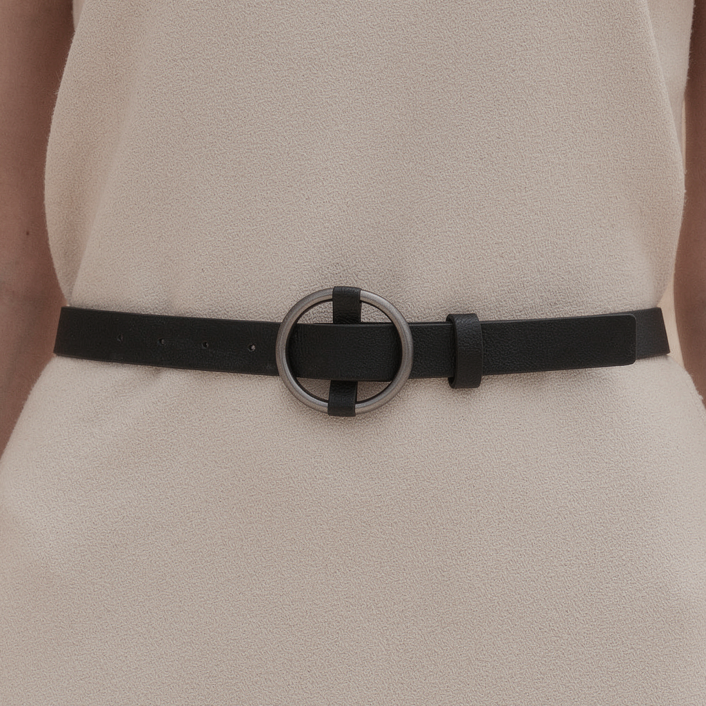 Women’s Black Slim Belt with Silver Ring Buckle