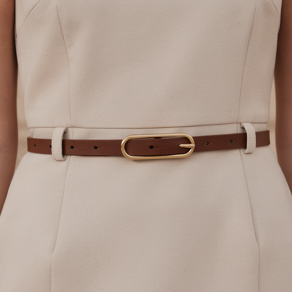 Slim Brown Belt with Gold Oval Buckle