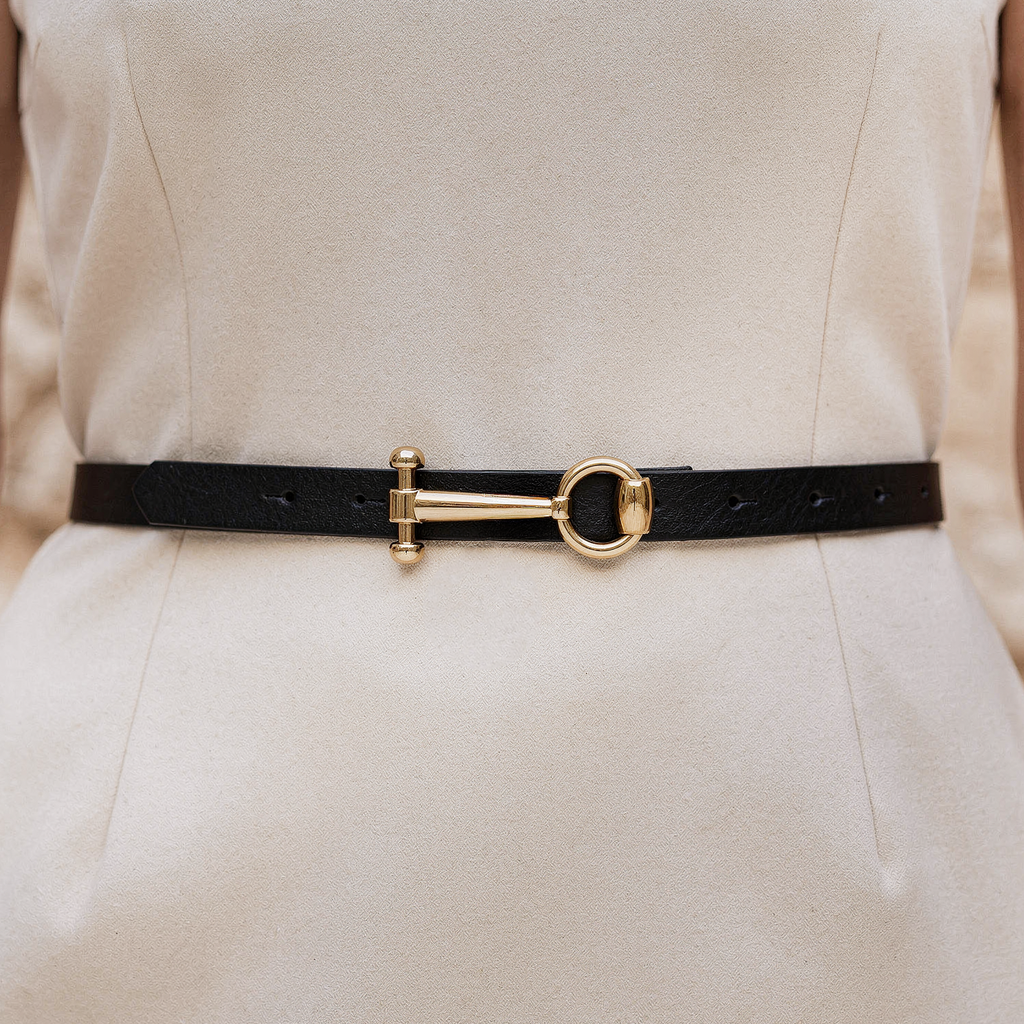 Women’s Black Slim Belt with Gold Bar & Ring Buckle