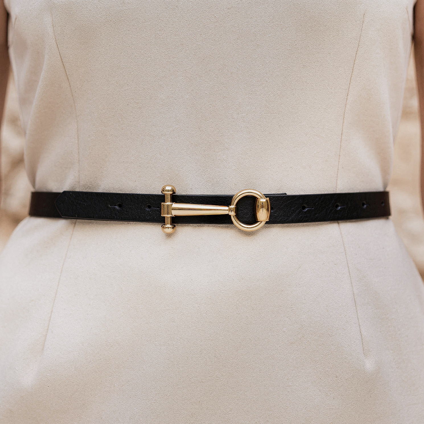 Women’s Black Slim Belt with Gold Bar & Ring Buckle