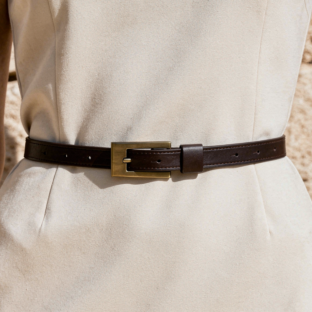 Women’s Black Slim Belt with Gold Square Buckle