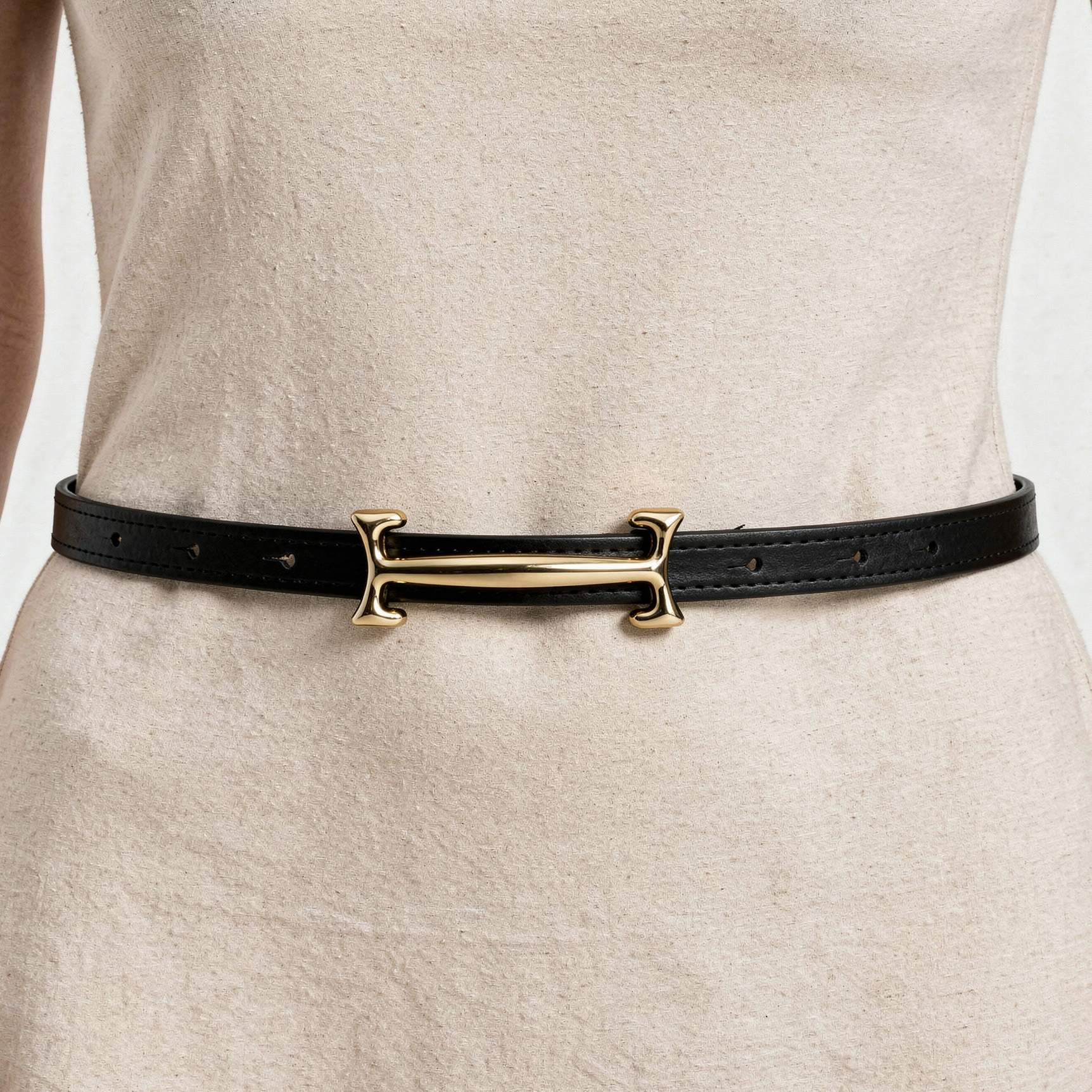 Women’s Black Slim Belt with Gold Bar Buckle