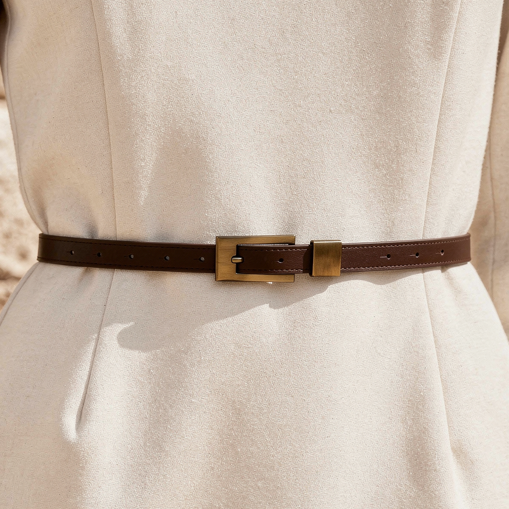 Women’s Brown Slim Belt with Gold Square Buckle