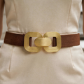 Women’s Brown Elastic Belt with Gold Double-Link Buckle