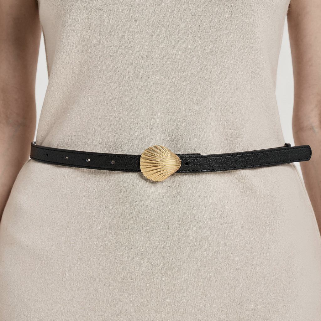Women’s Black Slim Belt with Gold Shell Buckle