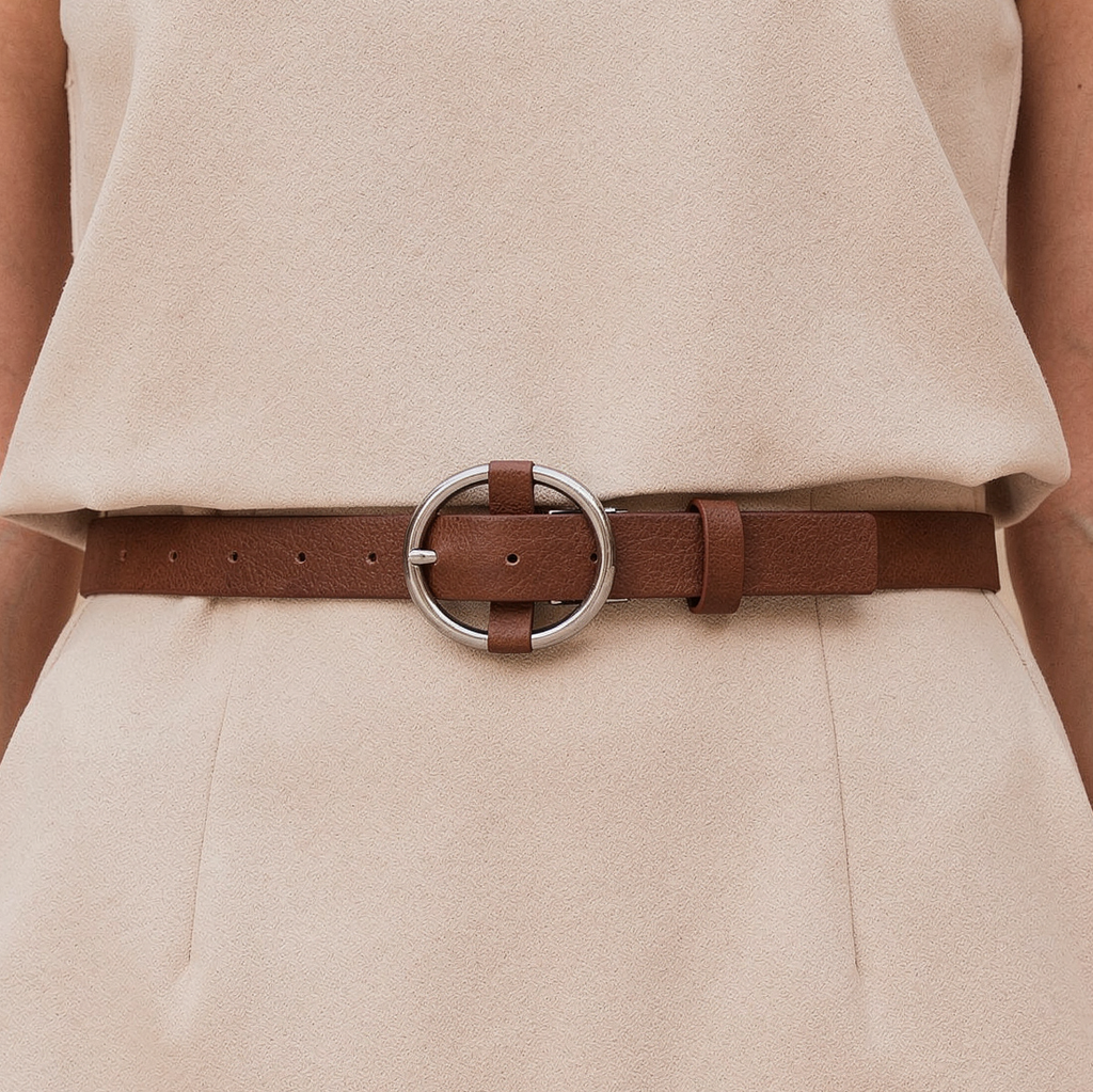 Women’s Brown Slim Belt with Silver Ring Buckle